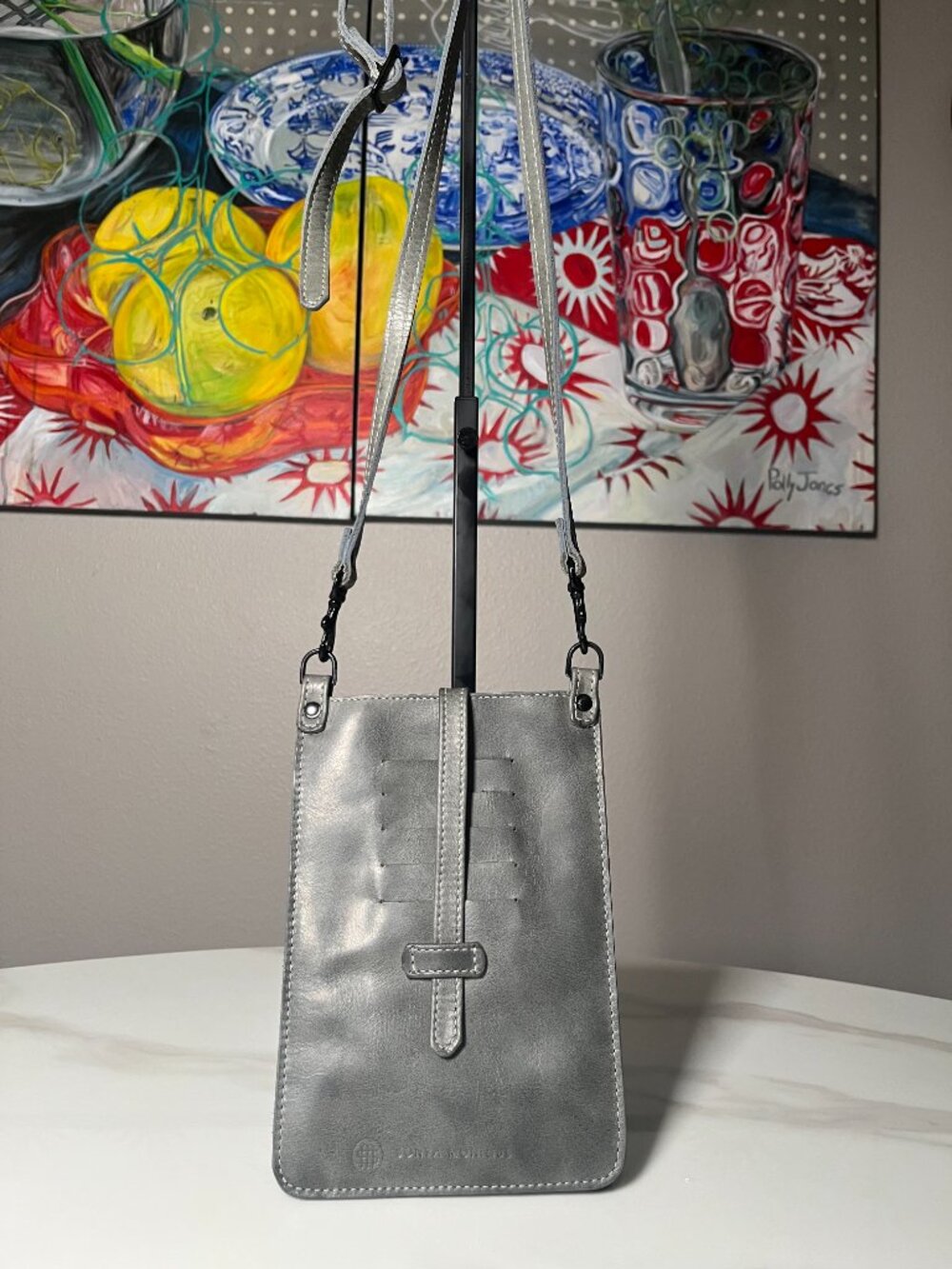 Sonya Monique Gray Leather Phone Crossbody Slim Bag